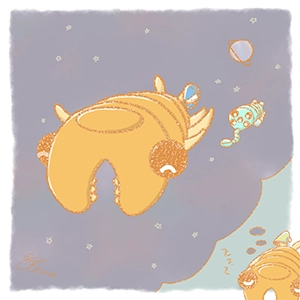 宇宙を飛ぶアノマロカリスとオパビニアのイラスト