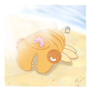 日光浴をするアノマロカリスとハルキゲニアのイラスト