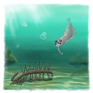 海中を泳ぐ古生物を描いた写実的な復元イラスト